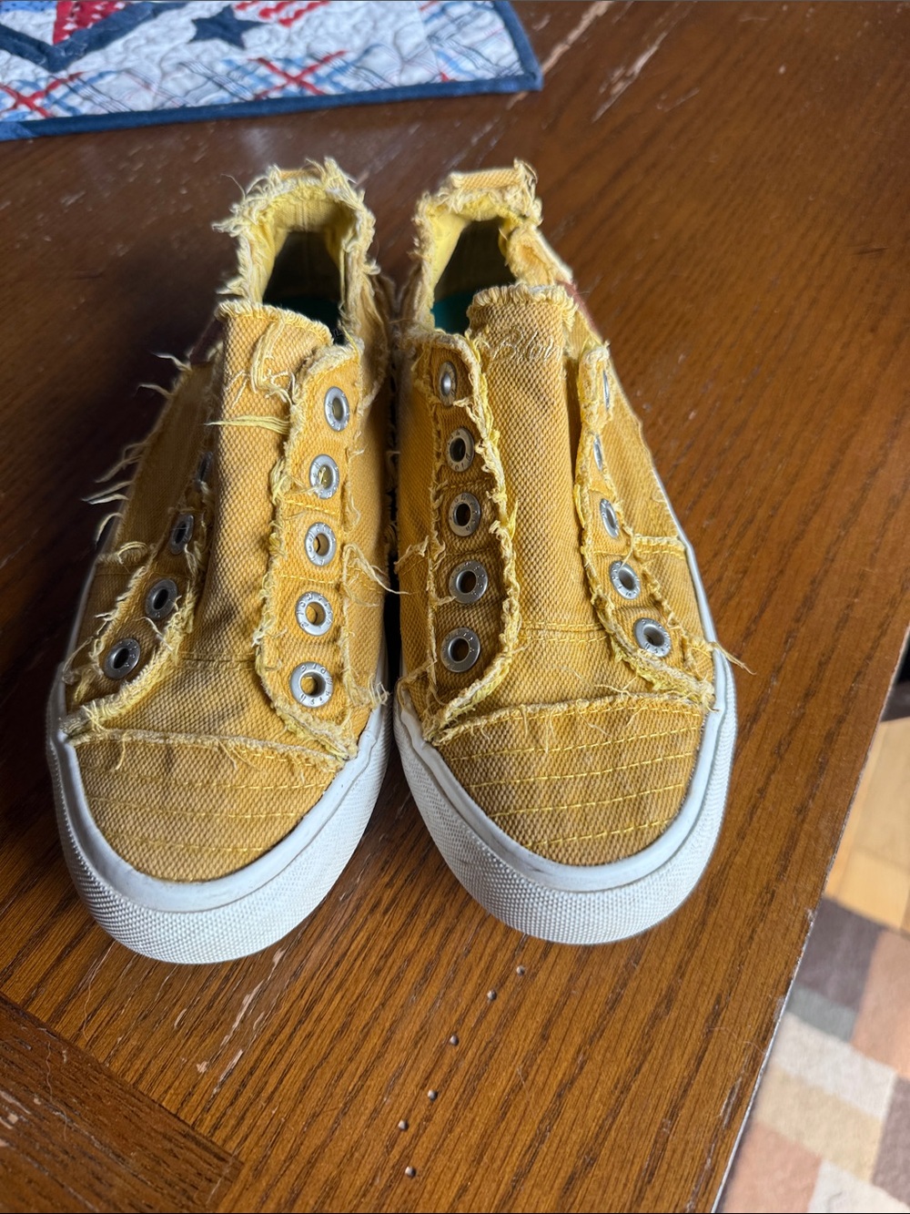 Frayed Yellow Canvas Slip-On Sneakers